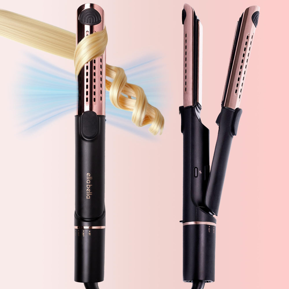 ELLA BELLA 2-in-1 hair straightener and air curler front view for versatile styling options.