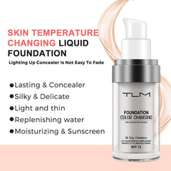 ELM Game liquid foundation close-up shows self-adjusting tone without cakiness