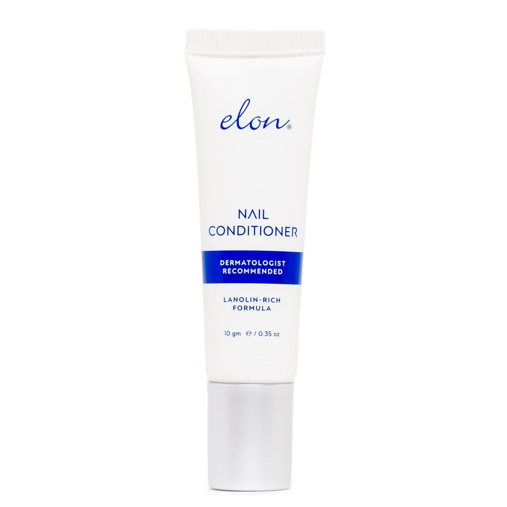 Elon Lanolin-Rich Nail Conditioner bottle demonstrates dermatologist-recommended care for brittle nails.