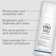 EltaMD AM Restore ingredients-niacinamide highlights skin-barrier support and hydration benefits.