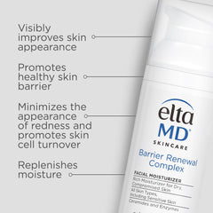 EltaMD Barrier Renewal jar closeup, ceramides and lipids support skin barrier and hydration.
