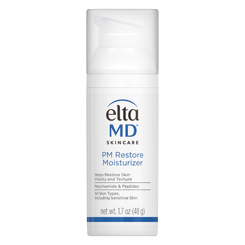 EltaMD PM Restore bottle-pump demonstrates overnight hydration for refreshed skin