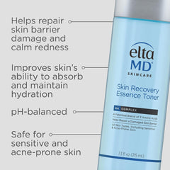 EltaMD Skin Recovery Essence Face Toner label closeup highlights Malachite Extract and amino acids