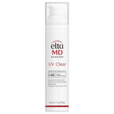 EltaMD UV Clear sunscreen bottle shows oil-free, non-greasy protection for acne-prone skin.