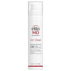 EltaMD UV Clear sunscreen bottle shows oil-free, non-greasy protection for acne-prone skin.