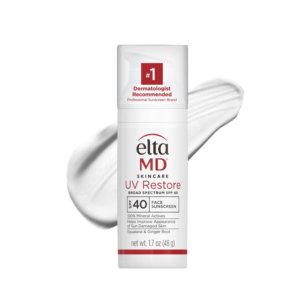 EltaMD UV Restore bottle front showing tinted mineral sunscreen for daily protection.