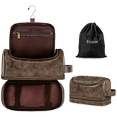 Elviros toiletry bag coffee front view highlights durable PU leather for travel