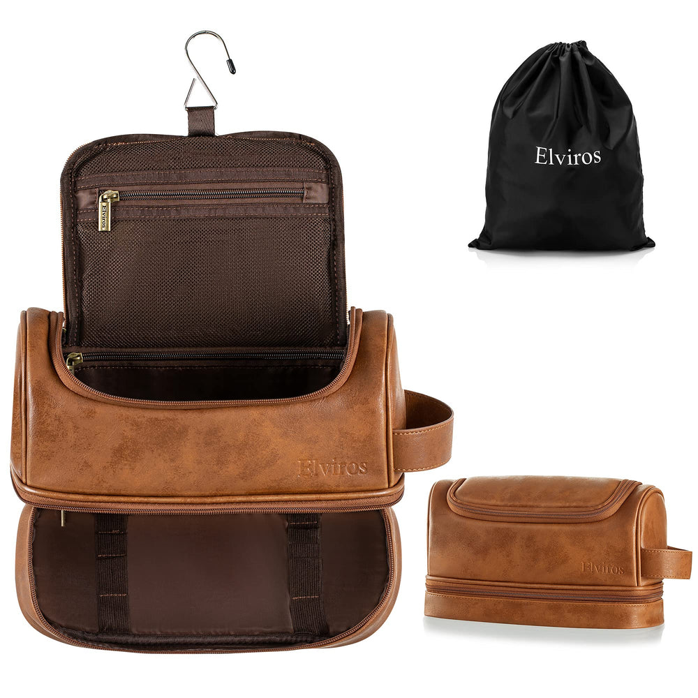 Elviros Toiletry Bag with hanging hook in brown provides hands-free bathroom access.
