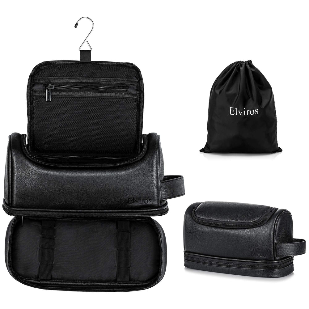 Elviros toiletry bag in PU leather, closed view highlights premium travel durability.
