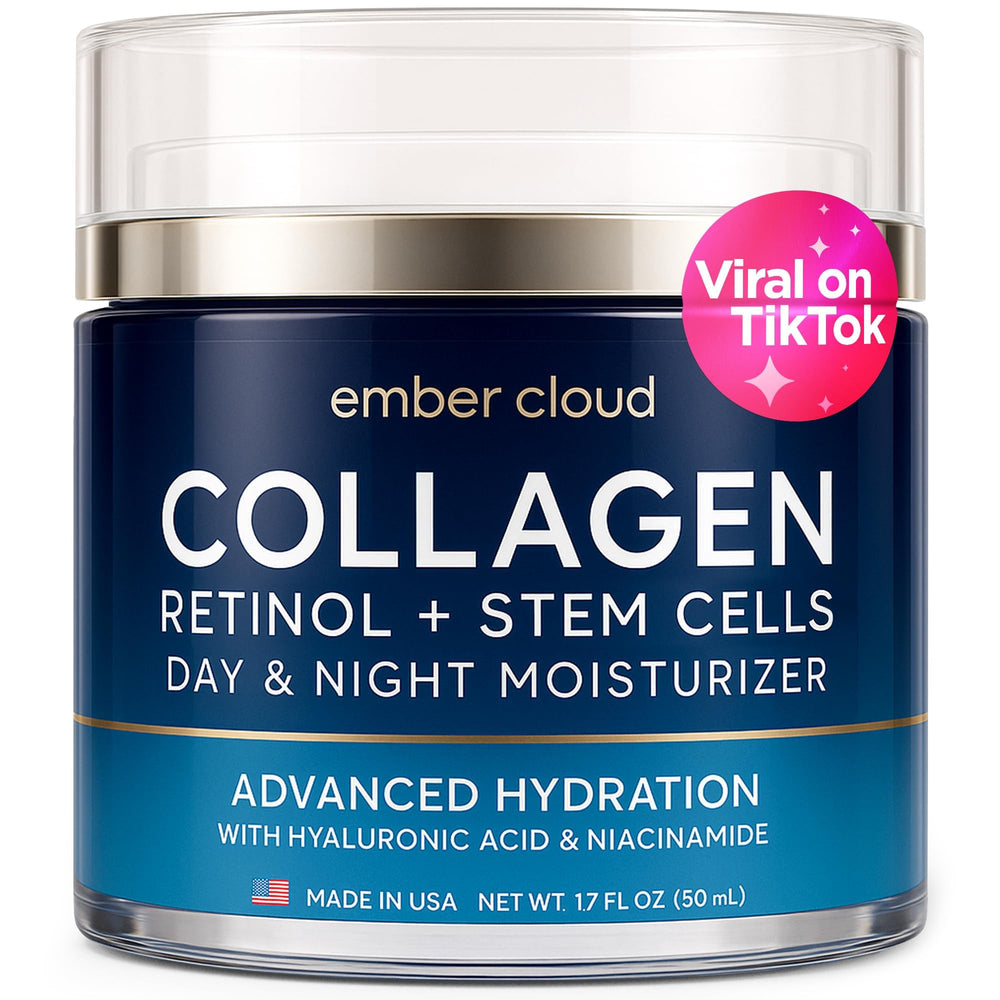 Ember Cloud Collagen face cream bottle highlighting day and night hydration for all skin types.