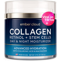 Ember Cloud Collagen face cream bottle highlighting day and night hydration for all skin types.