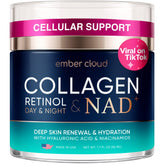 Ember Cloud Collagen NAD+ Cream packaging with airless pump preserves potency.