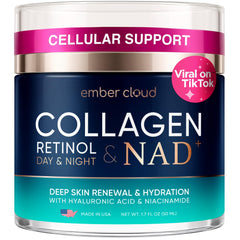 Ember Cloud Collagen NAD+ Cream packaging with airless pump preserves potency.