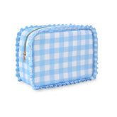 EMBRUNIOICE Gingham Ruffle Makeup Bag front view for stylish travel organization.
