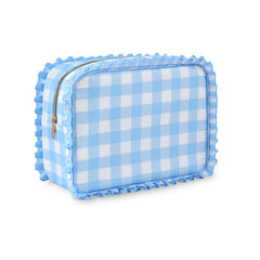 EMBRUNIOICE Gingham Ruffle Makeup Bag front view for stylish travel organization.