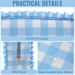 EMBRUNIOICE Gingham Ruffle Makeup Bag interior shows roomy compartments for cosmetics.
