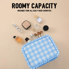 EMBRUNIOICE Gingham Ruffle Makeup Bag zip-detail highlights durable metal zipper for long-lasting use.