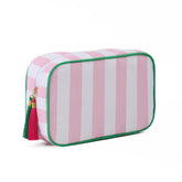 EMBRUNIOICE stripe makeup bag front view shows spacious interior for daily cosmetics.