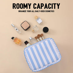 EMBRUNIOICE Stripe Ruffle Bag interior shows organized compartments for tools and toiletries.