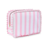 EMBRUNIOICE Stripe Ruffle Makeup Bag front view shows chic travel-ready style.