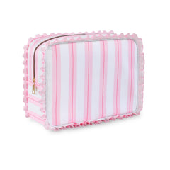 EMBRUNIOICE Stripe Ruffle Makeup Bag front view shows chic travel-ready style.