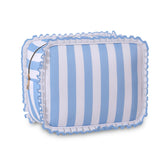 EMBRUNIOICE Stripe Ruffle Makeup Bag showcases chic ruffle trim for stylish travel.
