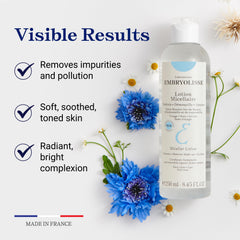 Embryolisse Micellar Lotion pour shot illustrating quick makeup dissolution for no-rinse cleansing