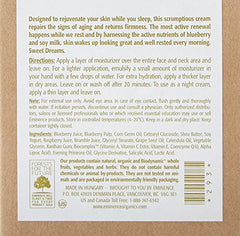 Ingredient bowl highlighting Eminence Blueberry Soy Night Recovery Cream ingredients, blueberry juice and shea butter.
