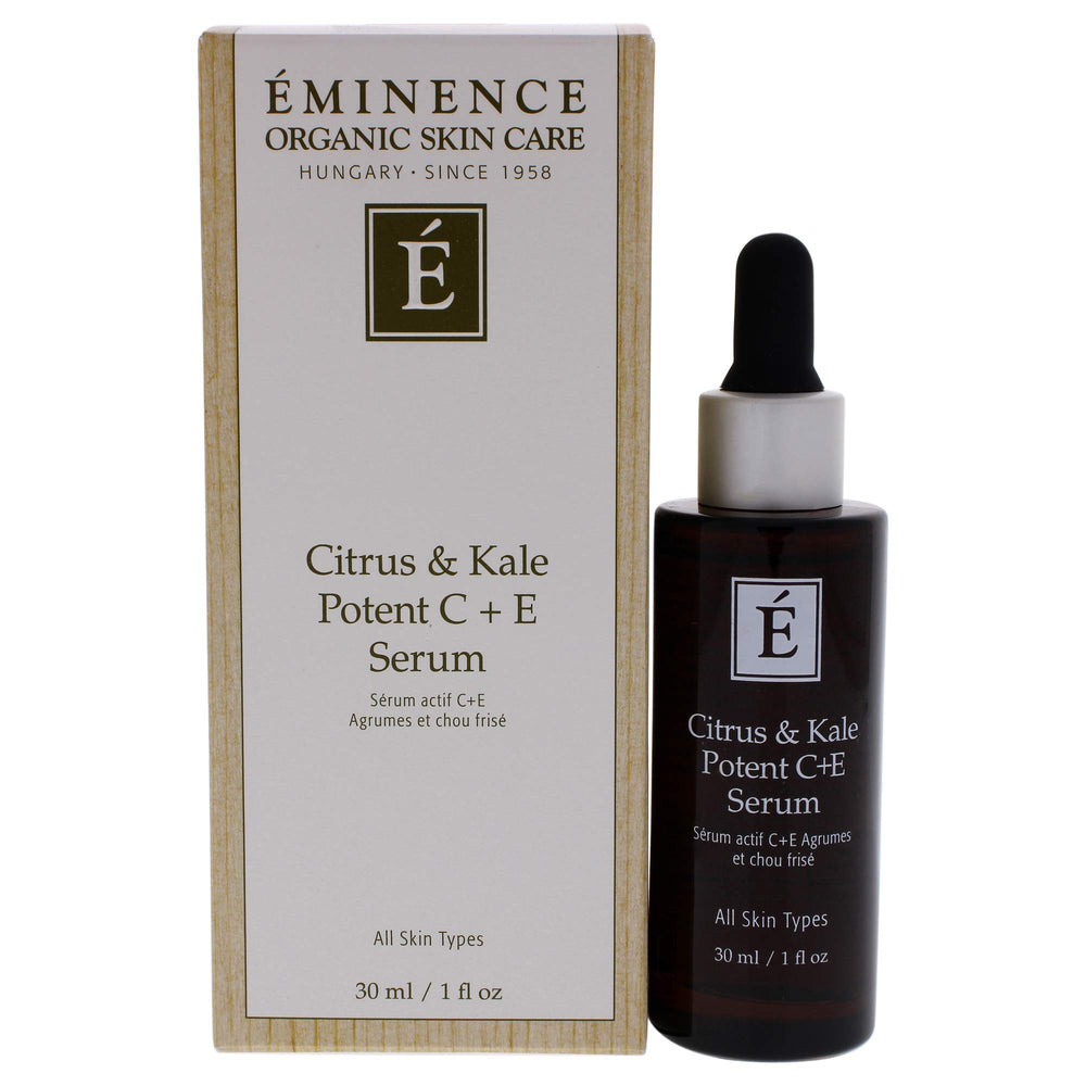 Eminence Citrus & Kale Potent C Plus E Serum bottle highlighting brightening potential