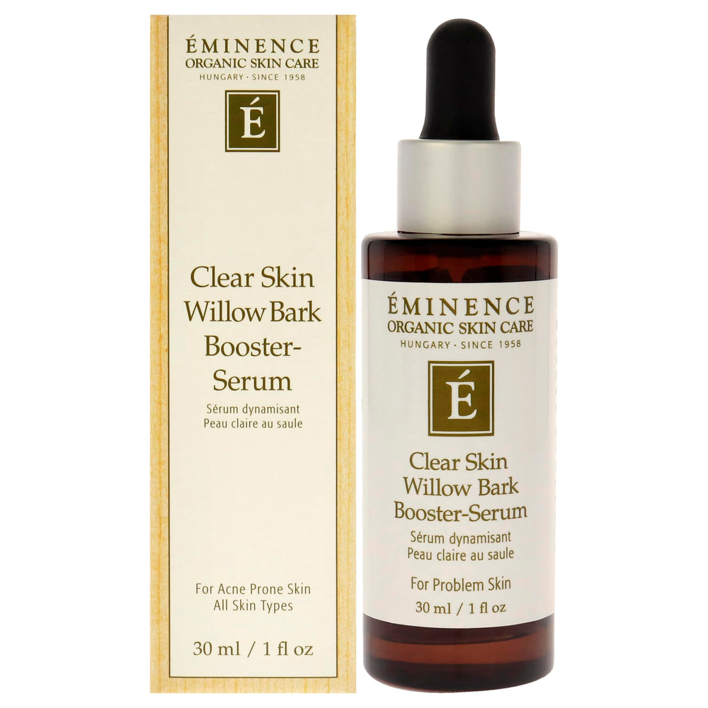 Eminence Clear Skin Willow Bark Booster Serum bottle for gentle acne support.