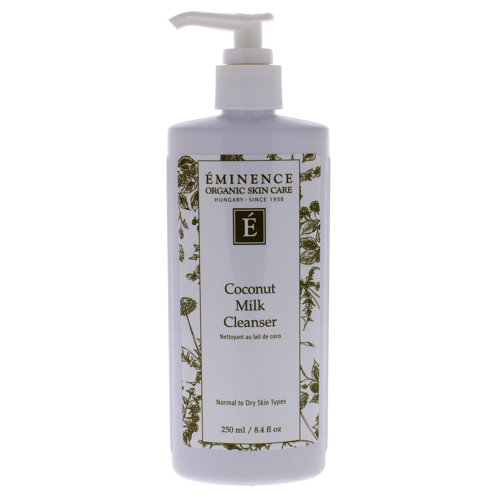 Eminence Coconut Milk Cleanser bottle pour shows gentle hydration for sensitive skin