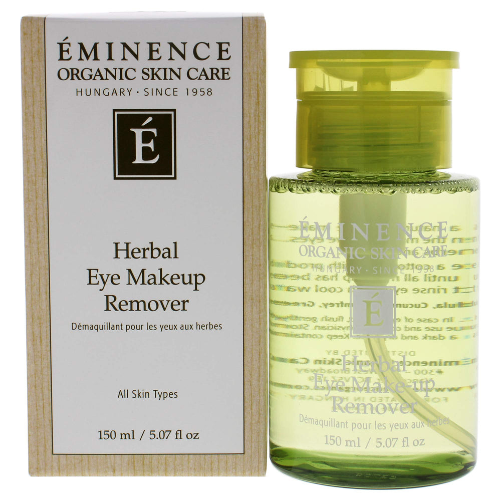 Eminence Herbal Eye Make Up Remover bottle closeup, gentle cleansing for sensitive eyes.