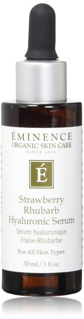 Eminence Strawberry Rhubarb serum bottle demonstrates hydrating anti aging formula for daily skin care
