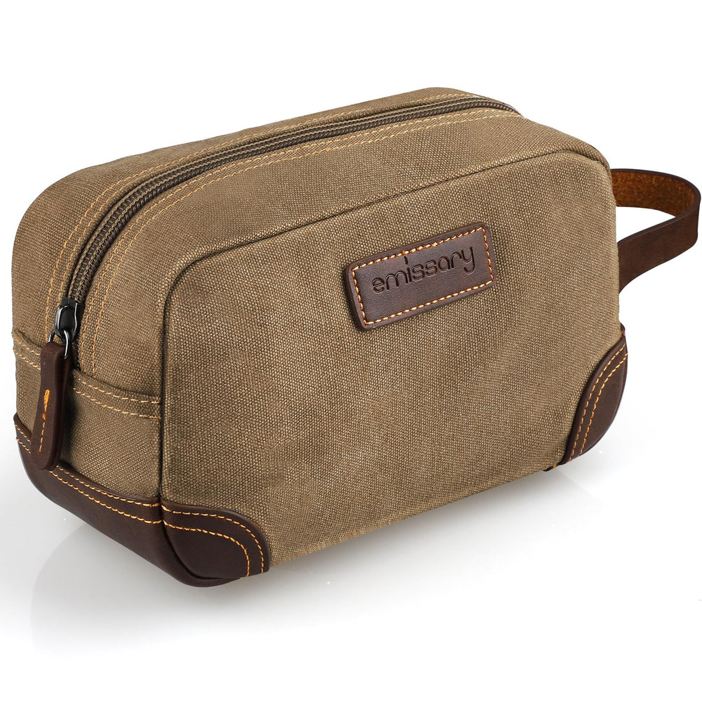 Emissary toiletry bag front view in brown for organized travel storage