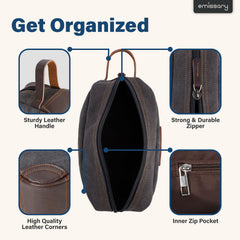 emissary toiletry bag water-resistant finish protects items in damp bathrooms