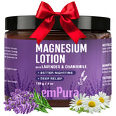 EMPURA Lavender Magnesium Lotion bottle highlights a silky nighttime formula for leg relaxation