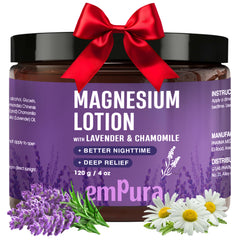 EMPURA Lavender Magnesium Lotion bottle highlights a silky nighttime formula for leg relaxation
