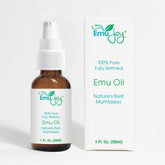 Emu Joy emu oil bottle demonstrates skin hydration potential.