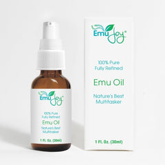 Emu Joy emu oil bottle demonstrates skin hydration potential.