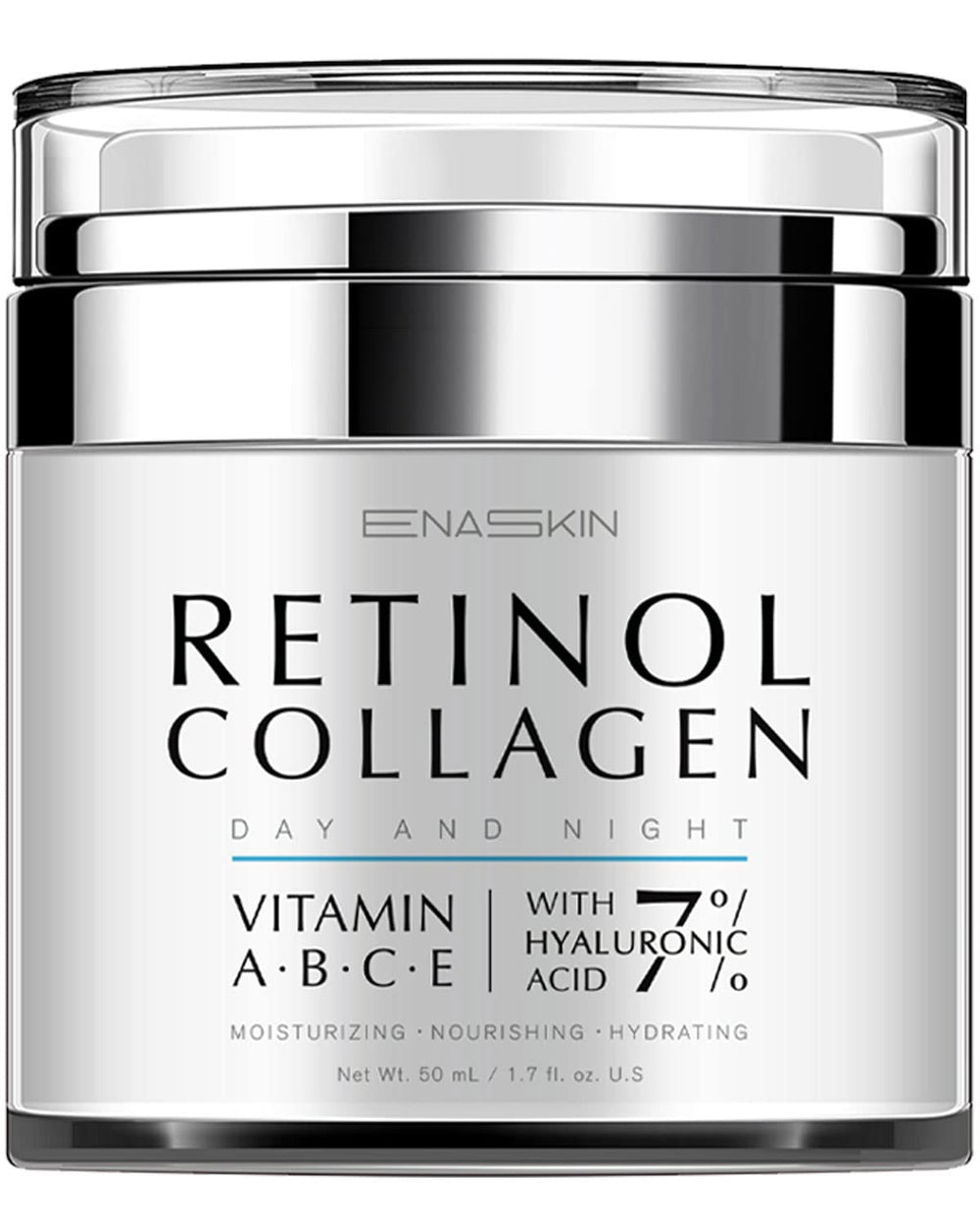 EnaSkin retinol cream jar showing wrinkle reduction and smoother skin texture.