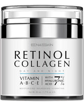 EnaSkin retinol cream jar showing wrinkle reduction and smoother skin texture.