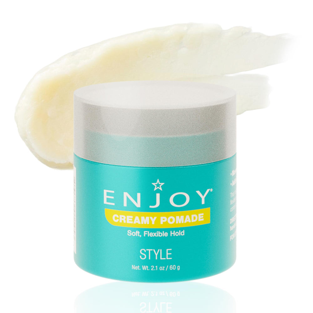 Enjoy Creamy Pomade bottle closeup demonstrates a lightweight formula for all-day hold without heaviness.