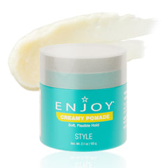 Enjoy Creamy Pomade bottle closeup demonstrates a lightweight formula for all-day hold without heaviness.