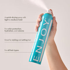 Close-up of Enjoy Hair Finishing Spray bottle highlighting color-safe formula