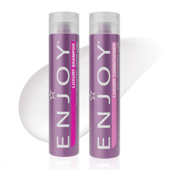 Enjoy Luxury Shampoo bottle front demonstrates sulfate-free cleansing for healthy-looking shine.