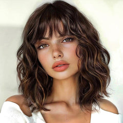 Entranced Styles brown highlight wig bangs front view showing natural volume for everyday style