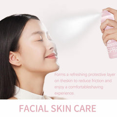 Close-up of Enttgo hair identifier spray on face for dermaplaning prep.