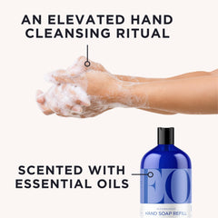 EO liquid hand soap refill lavender suds close-up showing rich lather and calming scent.