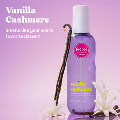eos close-up label reading Vanilla Cashmere, clarifies scent notes and benefits