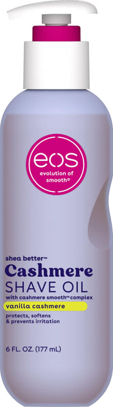 eos bottle front view showing Vanilla Cashmere shave oil and smooth finish
